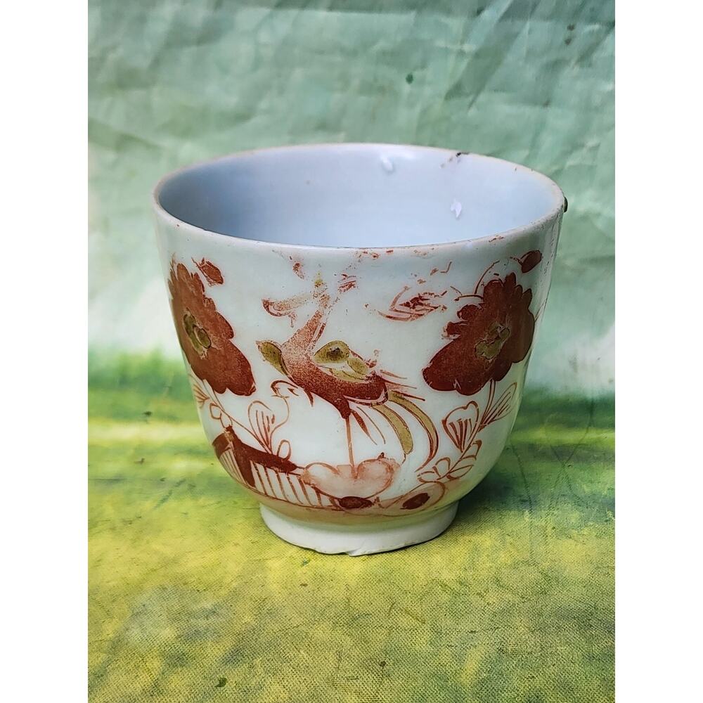 3" china antique Qing dynasty Glazed Porcelain flower bird cup Red Gold 19th C